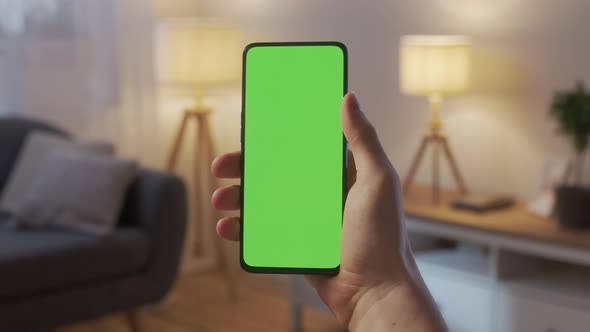 Point of View of Young Man at Home Living Room Using With Green Mockup Screen Smartphone alt
