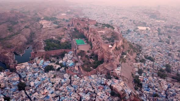 Aerial view Drone 4k of Blue City And Mehrangarh Fort In Jodhpur alt