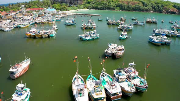 View of Fishing Boats in a Small Bay in the South of the Island of Sri Lanka, Aerial View