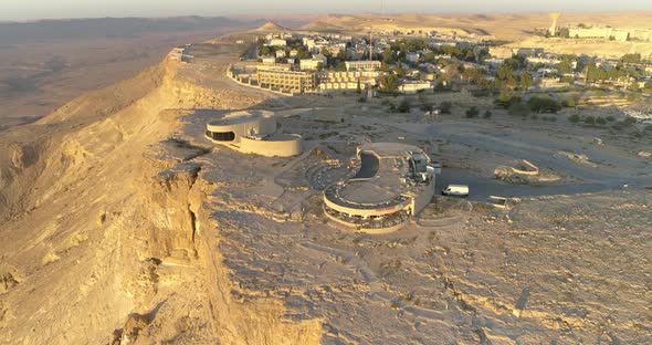 Aerial view of Ramon visitor center at sunrise, Mizpe Ramon, Negev, Israel. alt