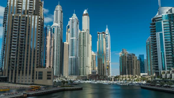 View of Dubai Marina Towers and Canal in Dubai Timelapse Hyperlapse alt