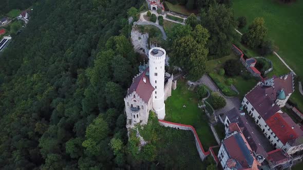 Aerial View of Lichtenstein Castle in Cloudy Weather, Germany in the Summer