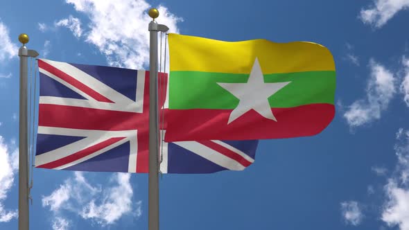 United Kingdom Flag Vs Myanmar Flag On Flagpole alt