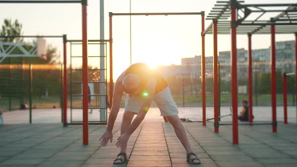 Old People Healthy Lifestyle. Elderly Caucasian Man Making Fitness Exercises After Coronavirus Virus alt