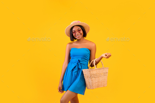 Woman With Little Black Bag In Stylish Outfit Stock Photo