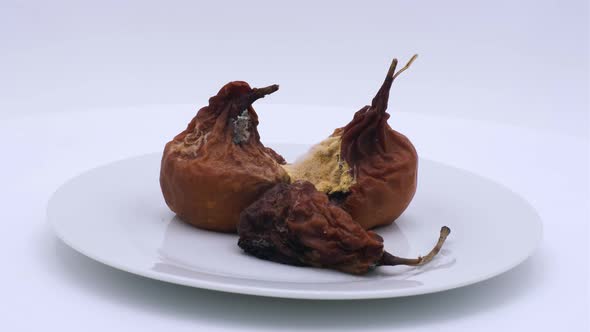 Rotten pear covered with mold with maggots