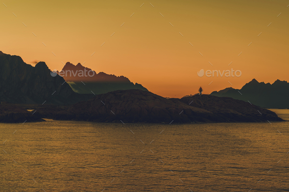 Norwegian Nordland County Lofoten Region Midnight Sunrise in the Lighthouse Bay - Stock Photo - Images