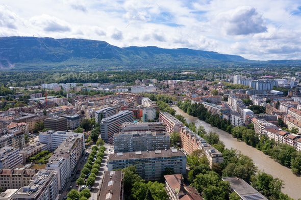 Aerial view of  plainpalais in Geneva - Switzerland - Stock Photo - Images