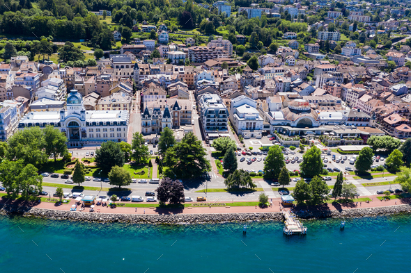 Aerial view of Evian (Evian-Les-Bains) city in Haute-Savoie in France - Stock Photo - Images