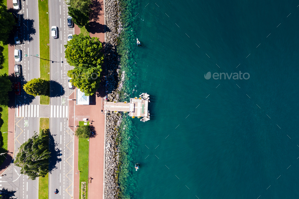 Aerial view of Evian (Evian-Les-Bains) city in Haute-Savoie in France - Stock Photo - Images