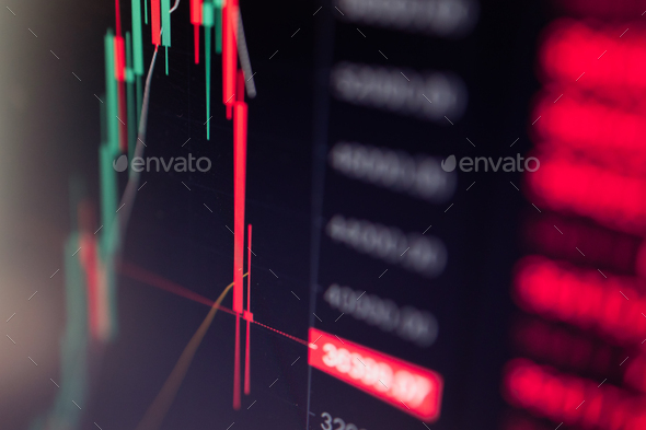 Close up of Bitcoin and Cryptocurrency stock market exchange candlestick chart - Stock Photo - Images