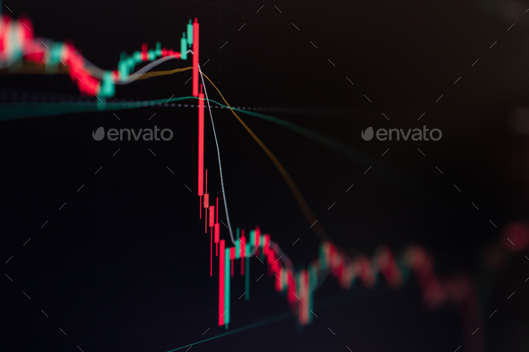 Bitcoin and Cryptocurrency stock market exchange candlestick chart. Red bearish divergence indicator - Stock Photo - Images