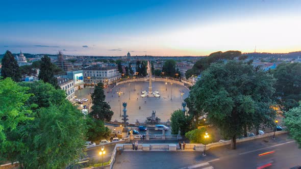 Aerial View of the Large Urban Square, the Piazza Del Popolo Day To Night Timelapse, Rome After alt