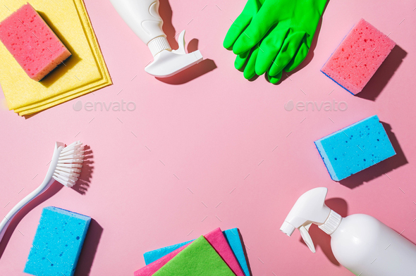 Various cleaning supplies, housekeeping background Stock Photo by