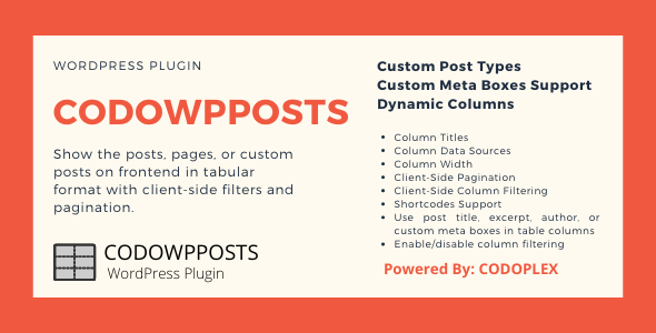 CODOWPPOSTS - Post Types in Tabular Format with Client-Side Column Filtering and Pagination