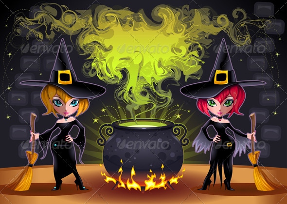 Funny witches with pot. - Halloween Seasons/Holidays