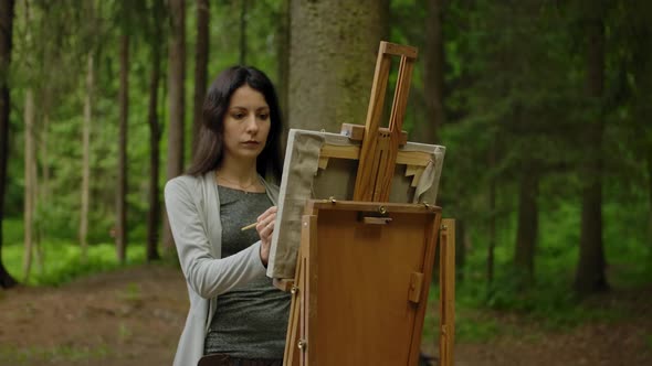 Portrait of a Beautiful Girl in Casual Clothes Painting a Landscape on an Easel. alt