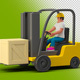 3D Man Worker in Loader with Box Container on Transparent Background