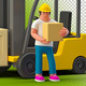 3D Man Worker near Loader with Box Container on Transparent Background