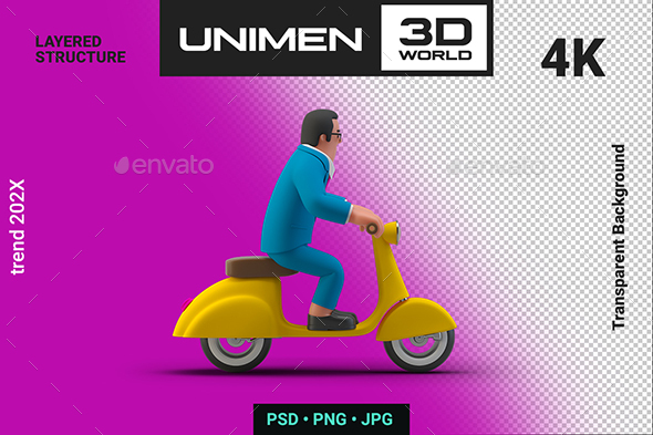 3D Man Businessman Rides Scooter illustration concept on Transparent Background