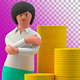 Happy Businesswoman Standing with Stacks of Coins 3D Illustration on Transparent Background