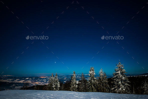 Winter Landscape With Fir Forest And Starry Sky Stock Photo