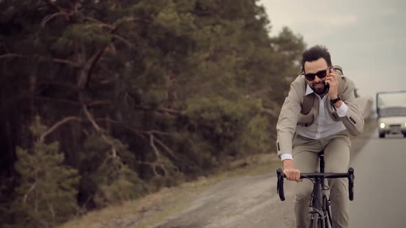 Cyclist Workaholic Rushing To Work. Overworked Stress Man On Rush Hour Cycling. Punctual Cyclist. alt