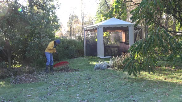 Yard Keeper in Yellow Sweater Rake Leaves in Garden at Cold Autumn Morning 