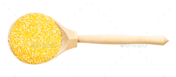 top view of wood spoon with coarse maize cornmeal