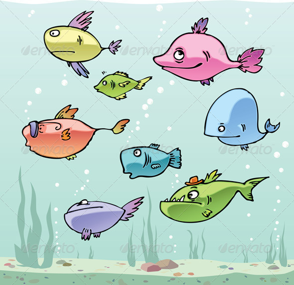 Set of the funny cartoon fishes in their habitat. - Animals Characters