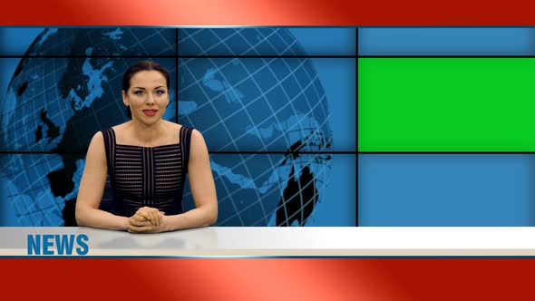 A Female Anchor Tells The Latest News In Broadcasting Studio With Green Screen