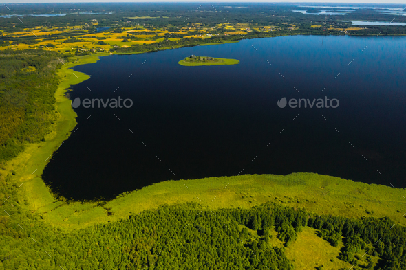 Top view of lake Drivyaty in the Braslav lakes National Park, the most ...