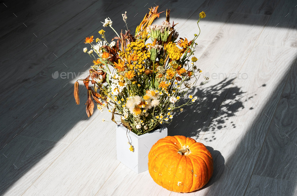 Table Setting for Thanksgiving. Dried Hydrangea Flowers in a Vase