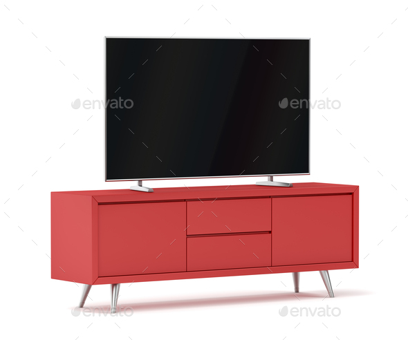 Red modern tv cabinet and big flat screen tv