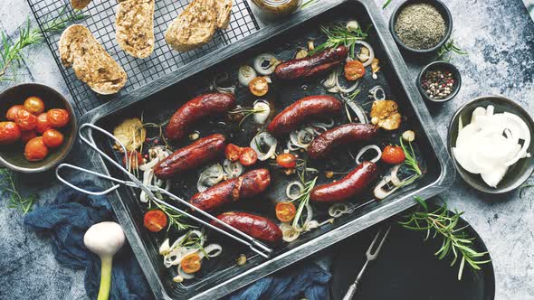 Delicious Grilled Sausages Served on Metal Rusty Tray alt