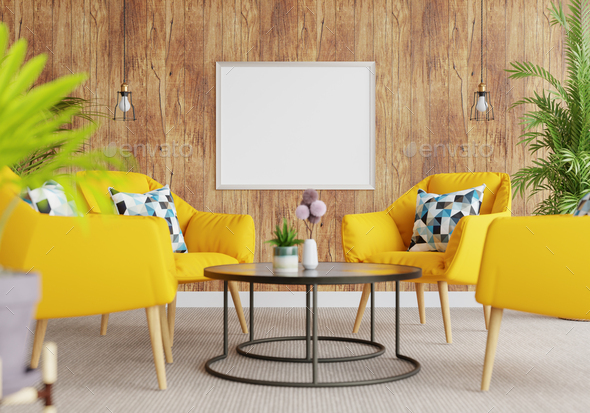 3D Mockup photo frame in Modern interior of living room - Stock Photo - Images