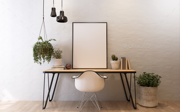 3D mockup photo frame on wall workplace at home - Stock Photo - Images