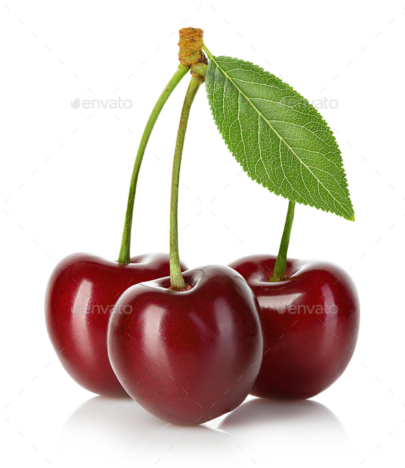 Ripe sweet cherries with leaf close up isolated on white background. - Stock Photo - Images