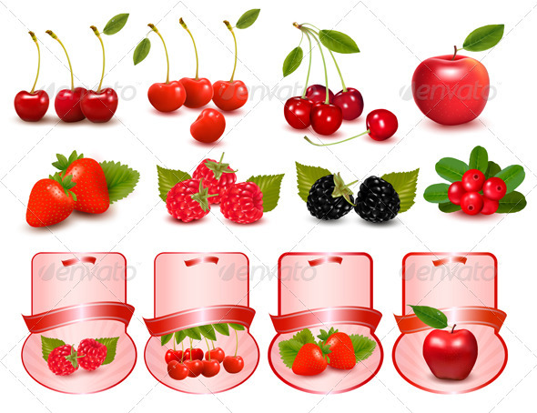 Big set of fresh cherries and fruit and labels - Food Objects