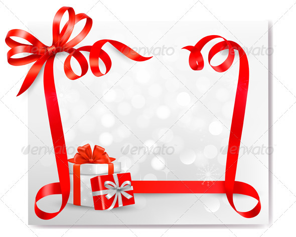 Holiday background with red gift bow with gift box - Christmas Seasons/Holidays