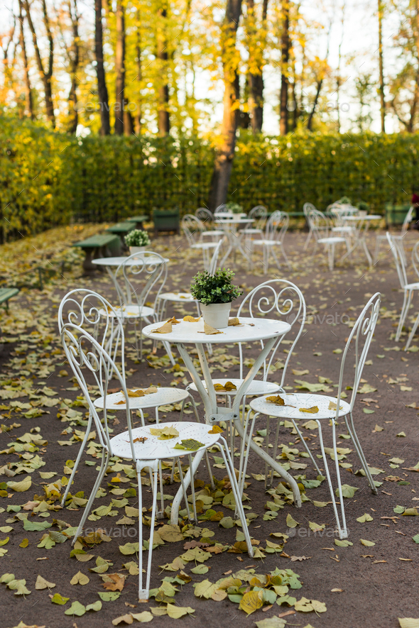 vintage metal white tables and chairs with fallen leaves in an empty autumn park