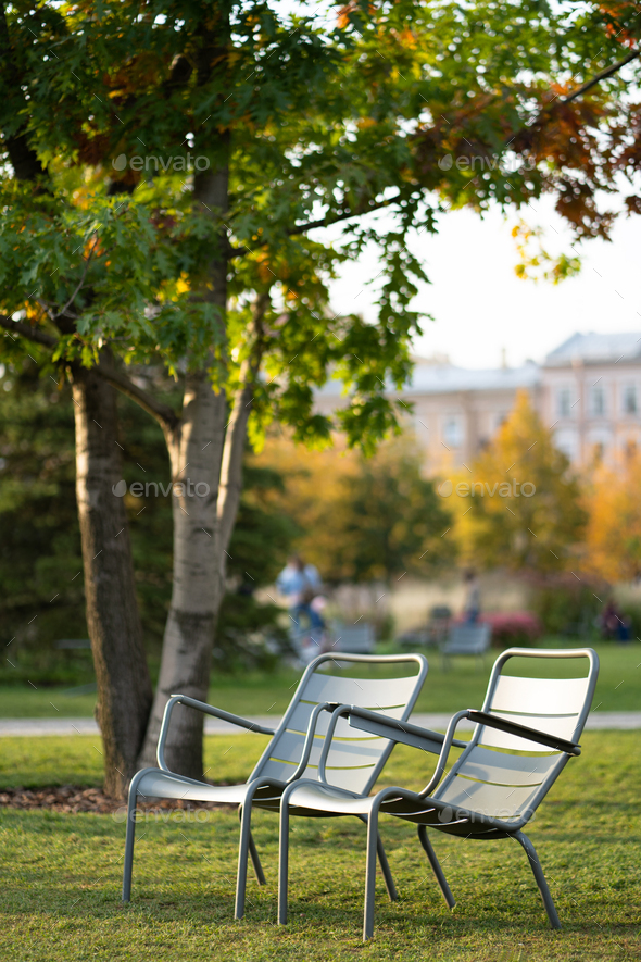 Green iron chairs on green lawn in empty public space. Autumn season