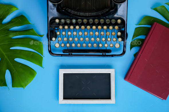 Old and vintage type writer machine and books and green leaves over blue background