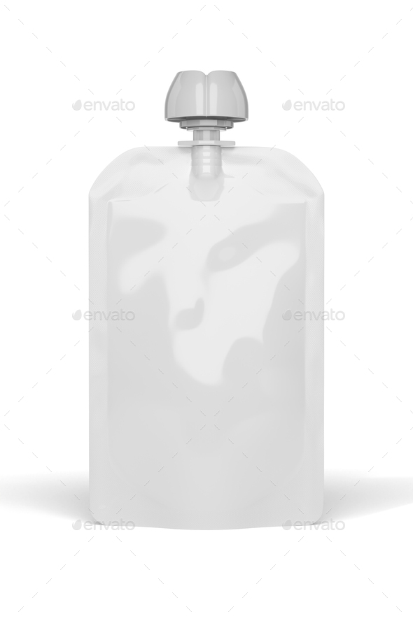 White empty plastic pouch for baby food mock-up isolated on white. 3d rendering.