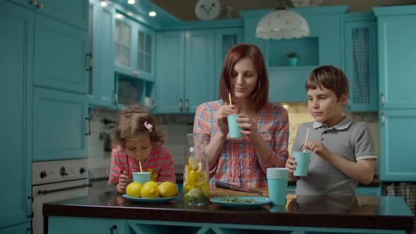 Young mother with two kids drinking homemade lemonade standing on blue kitchen at home. alt