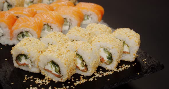 Large selection of delicious sushi. Japanese cuisine