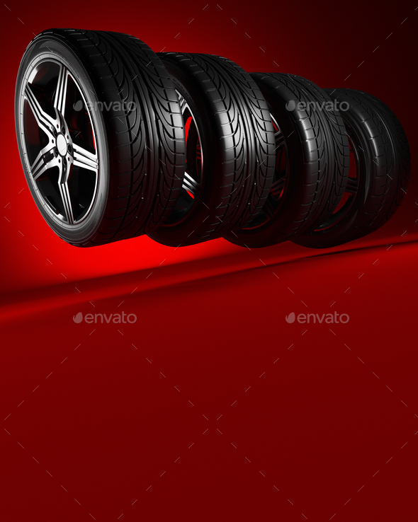 3d illustration. Four car wheels on red background. Poster or cover design. - Stock Photo - Images