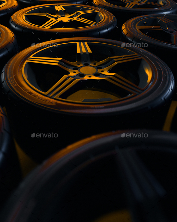 Car wheels set. Golden light. Poster design. Stack. 3d illustration.