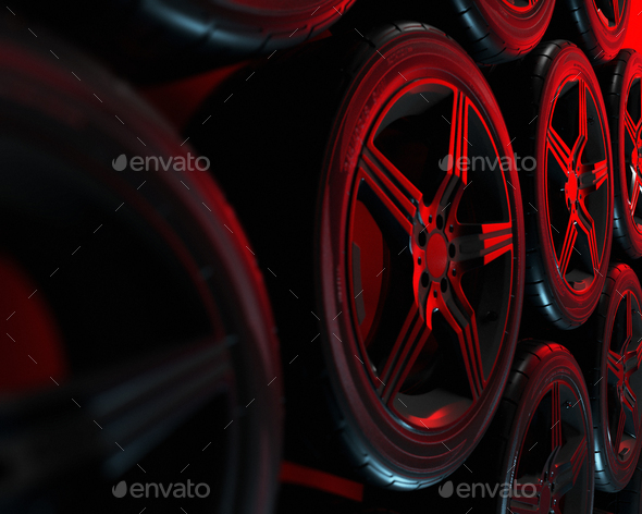 Car wheels set on red background. Poster design. Stack. 3d illustration. - Stock Photo - Images