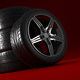 Car wheels set on red background. Poster design. Stack. 3d illustration. - PhotoDune Item for Sale
